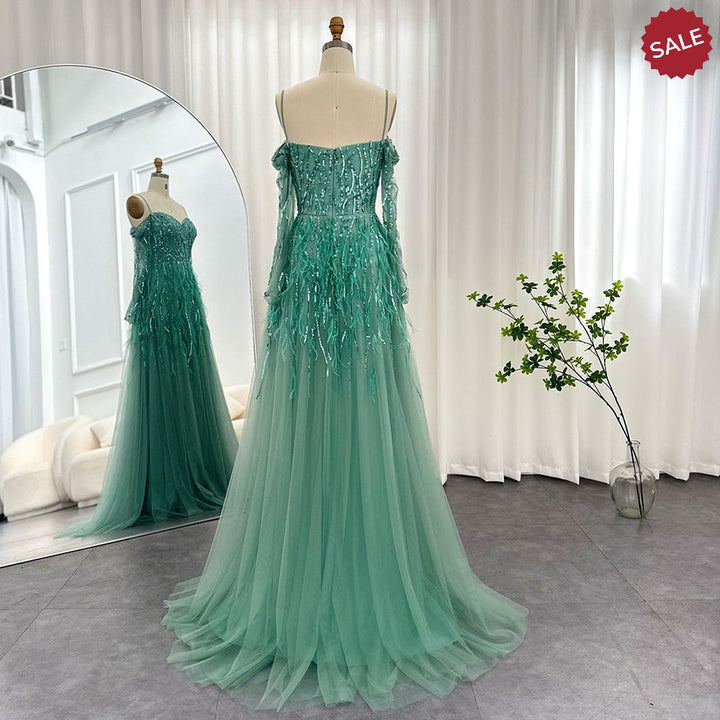 Dreamy Vow Luxury Dubai Feathers Lilac Evening Dresses for Women Wedding Elegant Emerald Green Arabic Formal Party Gowns 351