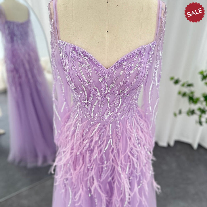 Dreamy Vow Luxury Dubai Feathers Lilac Evening Dresses for Women Wedding Elegant Emerald Green Arabic Formal Party Gowns 351