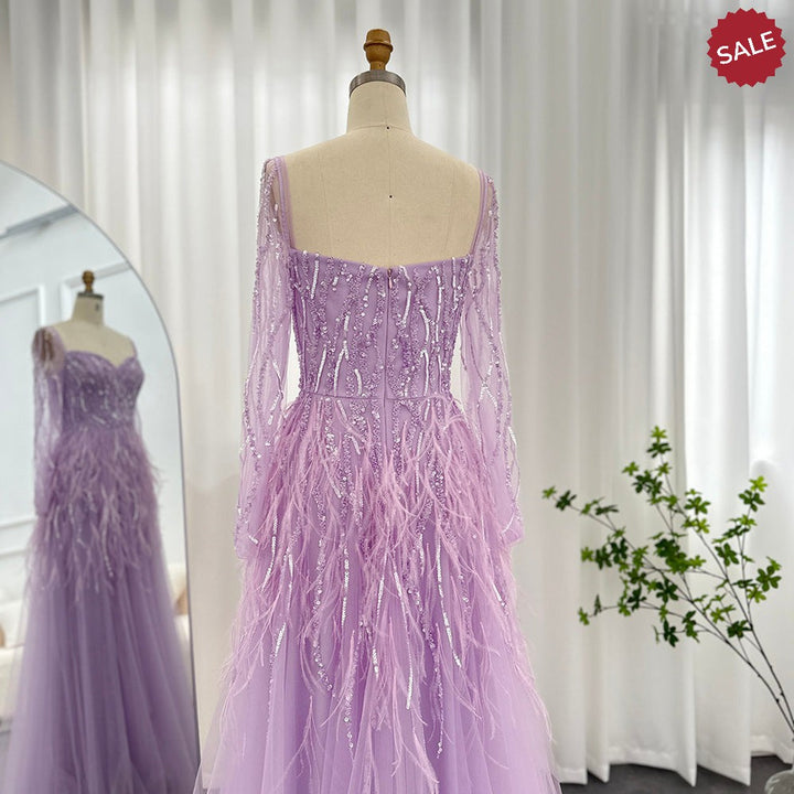 Dreamy Vow Luxury Dubai Feathers Lilac Evening Dresses for Women Wedding Elegant Emerald Green Arabic Formal Party Gowns 351