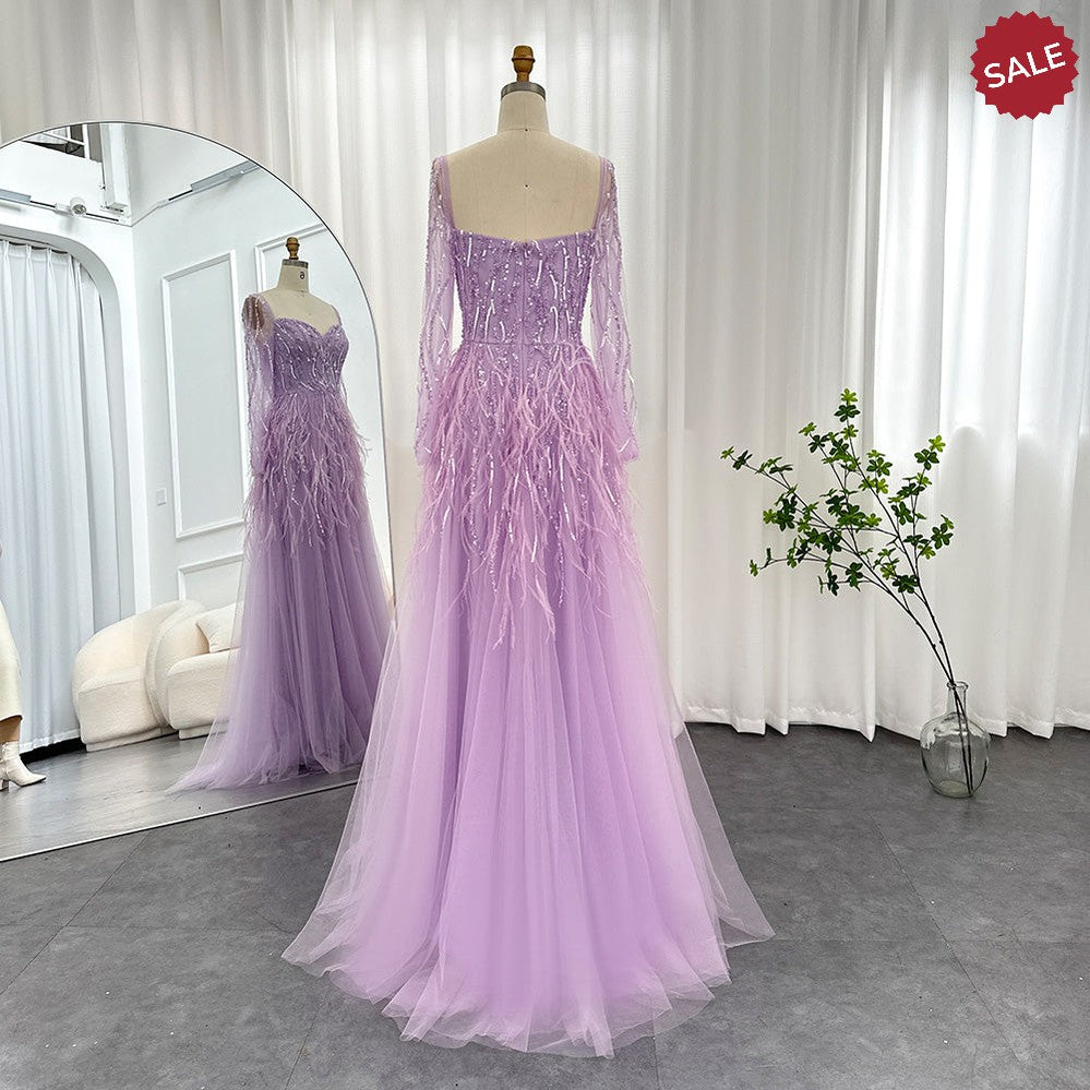 Dreamy Vow Luxury Dubai Feathers Lilac Evening Dresses for Women Wedding Elegant Emerald Green Arabic Formal Party Gowns 351