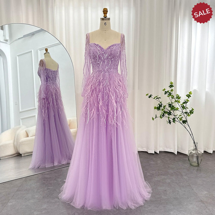 Dreamy Vow Luxury Dubai Feathers Lilac Evening Dresses for Women Wedding Elegant Emerald Green Arabic Formal Party Gowns 351