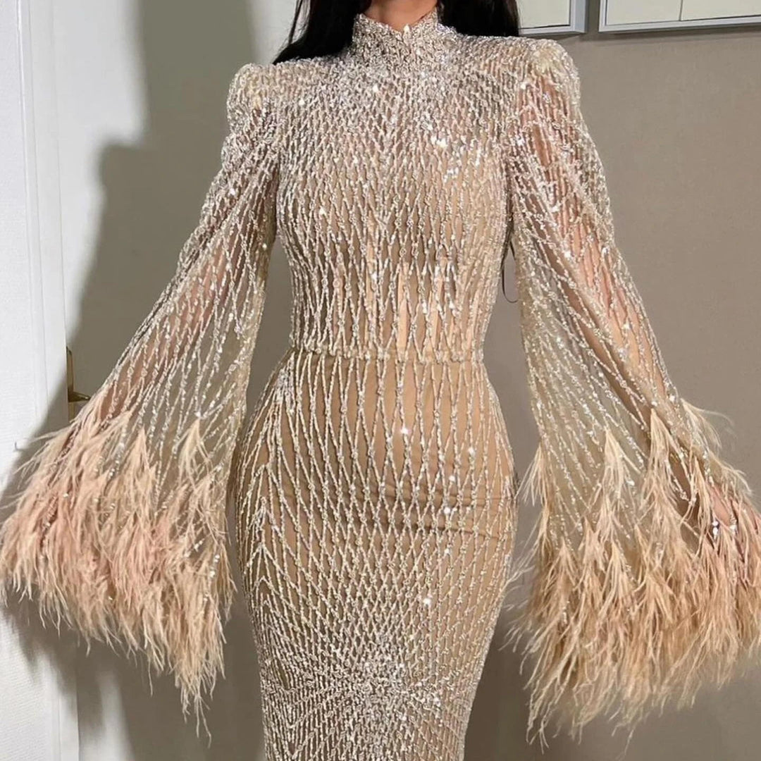 Dreamy Vow Luxury Dubai Feathers Nude Evening Dresses Long Sleeves Elegant High Neck Arabic Wedding Formal Party Gowns SS227-DreamyVow