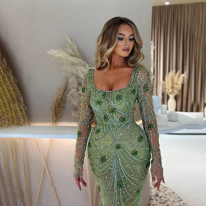 Dreamy Vow Luxury Dubai Green Mermaid Evening Dress Long Sleeves Square Neckline Arabic Women Wedding Party Dresses SS163-DreamyVow