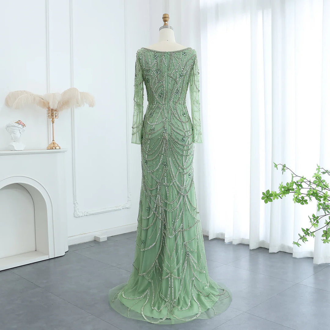 Dreamy Vow Luxury Dubai Green Mermaid Evening Dress Long Sleeves Square Neckline Arabic Women Wedding Party Dresses SS163-DreamyVow