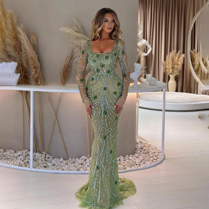 Dreamy Vow Luxury Dubai Green Mermaid Evening Dress Long Sleeves Square Neckline Arabic Women Wedding Party Dresses SS163-DreamyVow