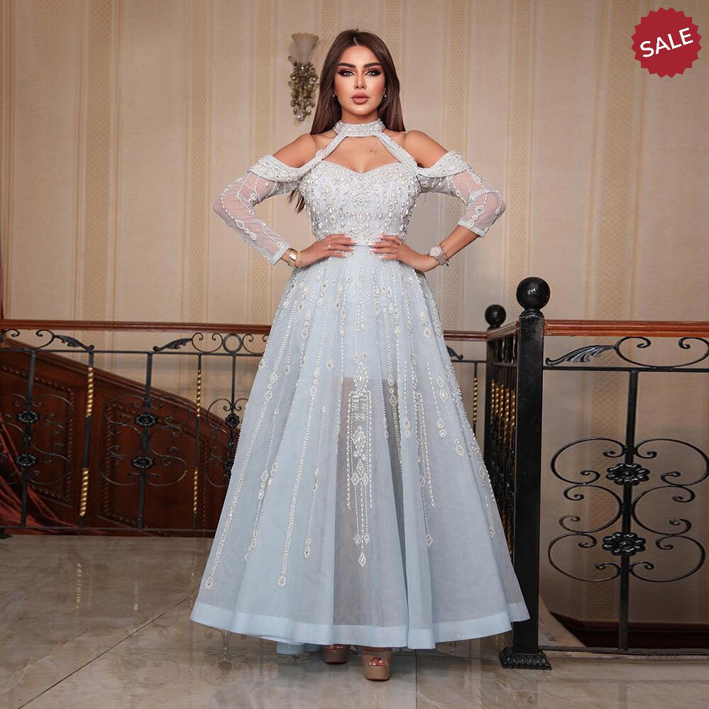 Dreamy Vow Luxury Dubai Light Blue Evening Dress for Women Wedding Elegant Off Shoulder Beaded Arabic Formal Party Gowns SS418-DreamyVow