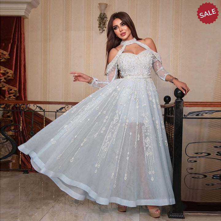 Dreamy Vow Luxury Dubai Light Blue Evening Dress for Women Wedding Elegant Off Shoulder Beaded Arabic Formal Party Gowns SS418-DreamyVow