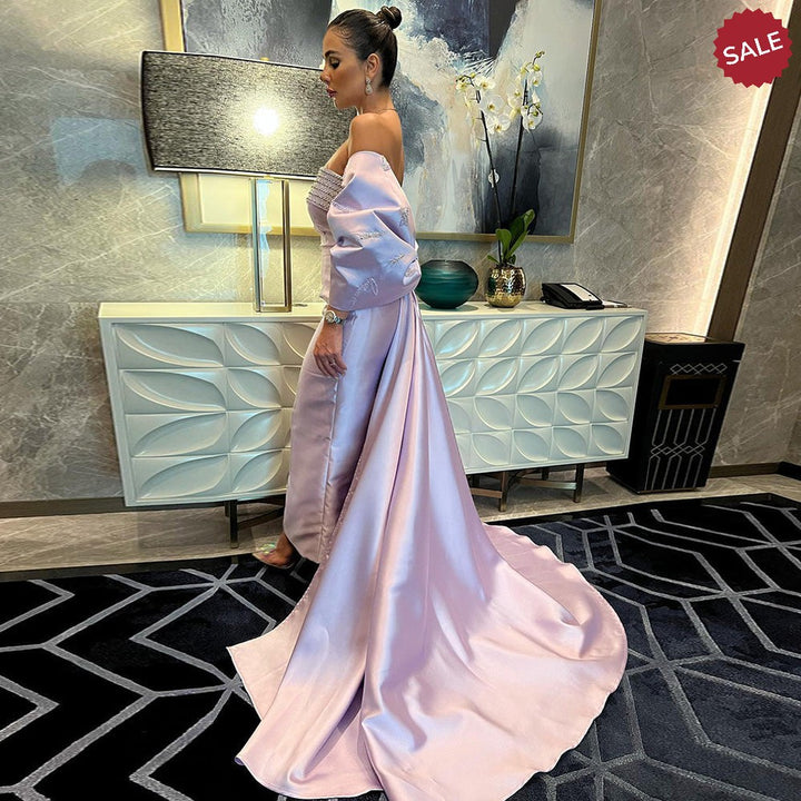 DreamyVow Luxury Dubai Lilac Arabic Evening Dresses with Bow Cape Beaded 2023 Elegant Women Wedding Formal Party Gowns 319