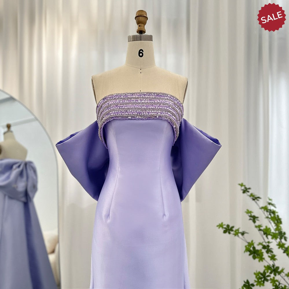 DreamyVow Luxury Dubai Lilac Arabic Evening Dresses with Bow Cape Beaded 2023 Elegant Women Wedding Formal Party Gowns 319