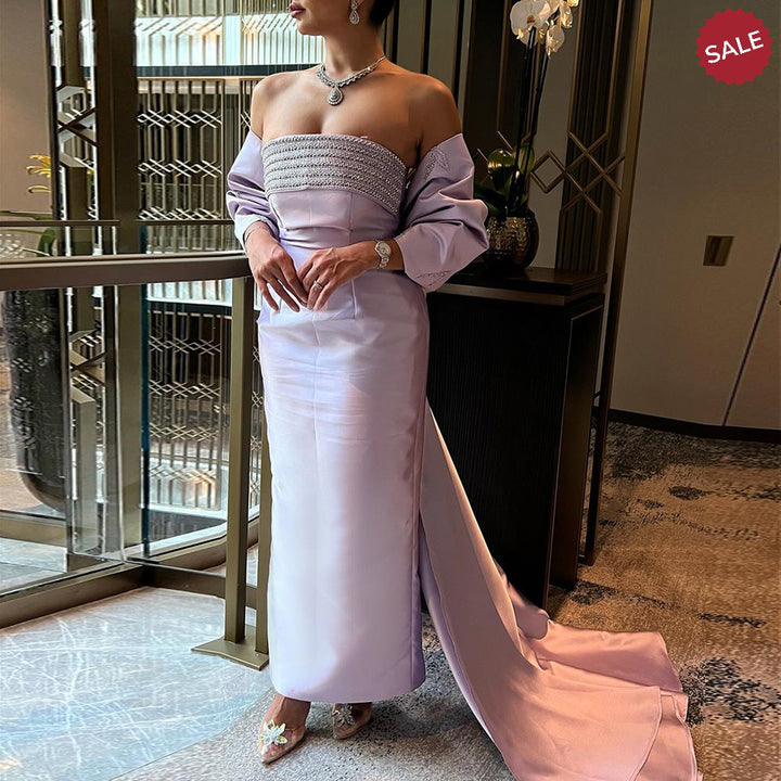 DreamyVow Luxury Dubai Lilac Arabic Evening Dresses with Bow Cape Beaded 2023 Elegant Women Wedding Formal Party Gowns 319