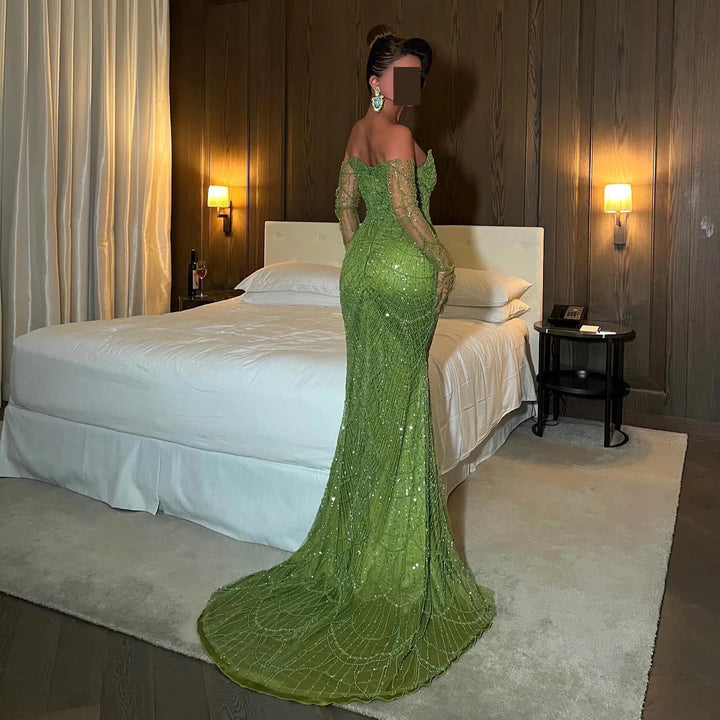 Dreamy Vow Luxury Dubai Mermaid Green Evening Dresses with Gloves 2024 Elegant Saudi Arabia Women Wedding Party Gowns SS306-DreamyVow