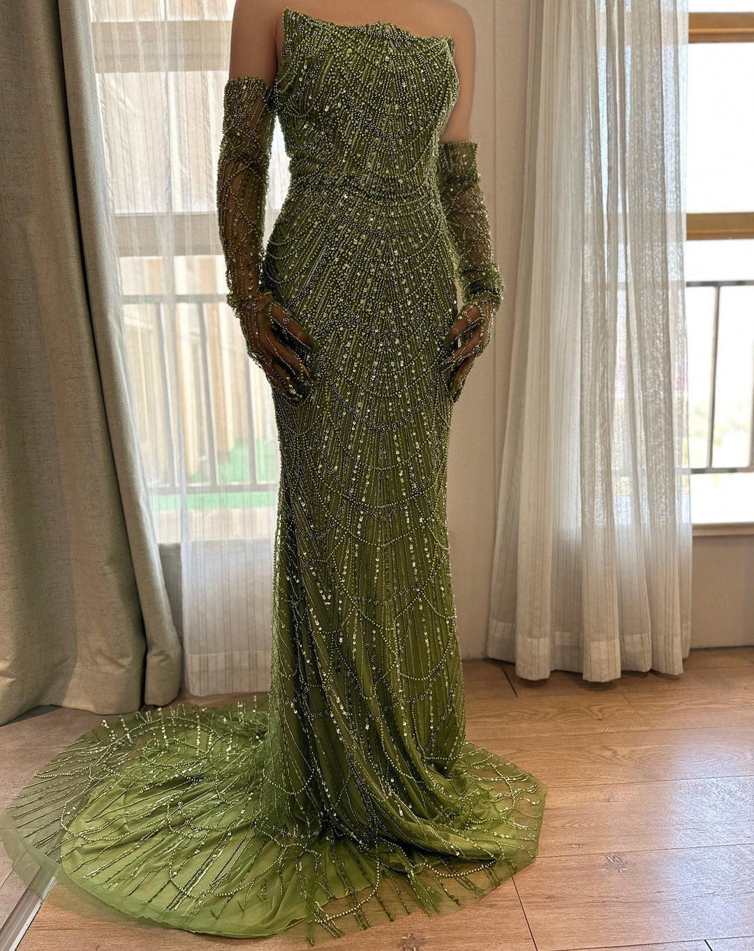 Dreamy Vow Luxury Dubai Mermaid Green Evening Dresses with Gloves 2024 Elegant Saudi Arabia Women Wedding Party Gowns SS306-DreamyVow