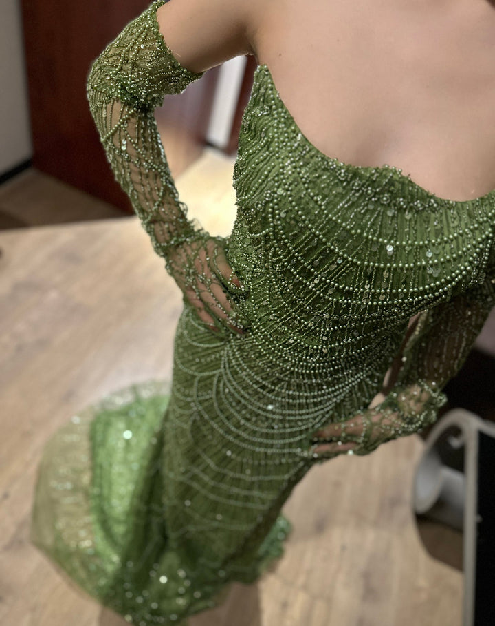 Dreamy Vow Luxury Dubai Mermaid Green Evening Dresses with Gloves 2024 Elegant Saudi Arabia Women Wedding Party Gowns SS306-DreamyVow