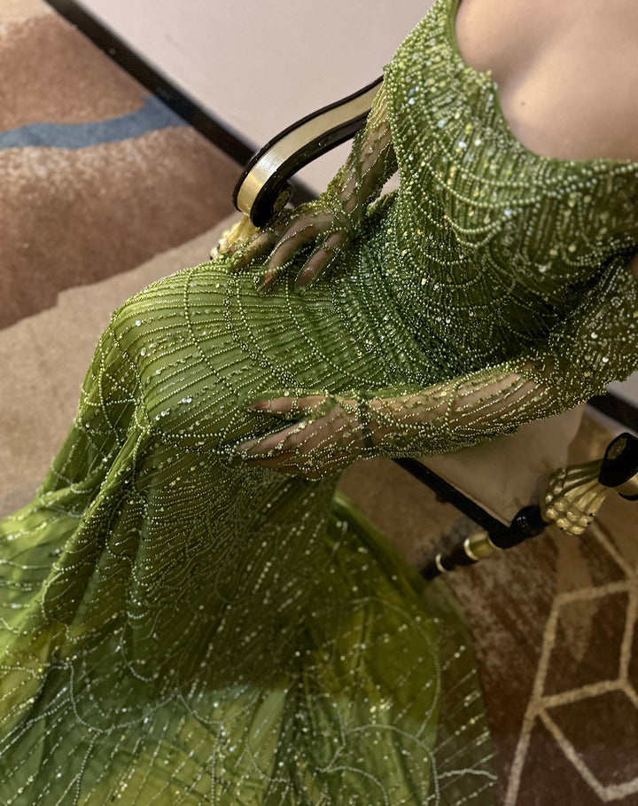 Dreamy Vow Luxury Dubai Mermaid Green Evening Dresses with Gloves 2024 Elegant Saudi Arabia Women Wedding Party Gowns SS306-DreamyVow