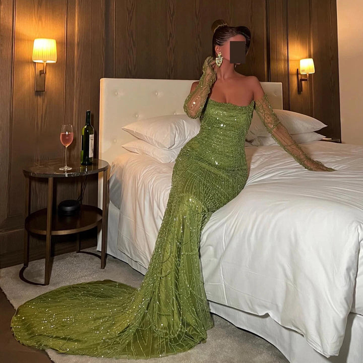 Dreamy Vow Luxury Dubai Mermaid Green Evening Dresses with Gloves 2024 Elegant Saudi Arabia Women Wedding Party Gowns SS306-DreamyVow