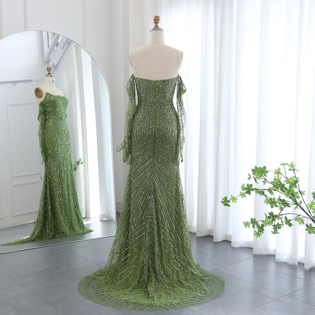 Dreamy Vow Luxury Dubai Mermaid Green Evening Dresses with Gloves 2024 Elegant Saudi Arabia Women Wedding Party Gowns SS306-DreamyVow