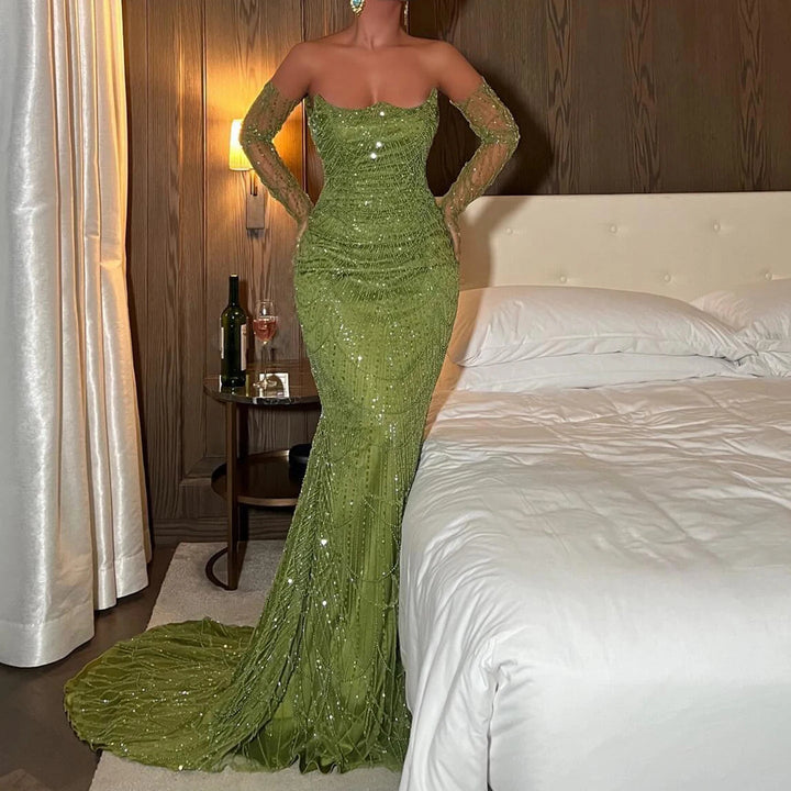 Dreamy Vow Luxury Dubai Mermaid Green Evening Dresses with Gloves 2024 Elegant Saudi Arabia Women Wedding Party Gowns SS306-DreamyVow