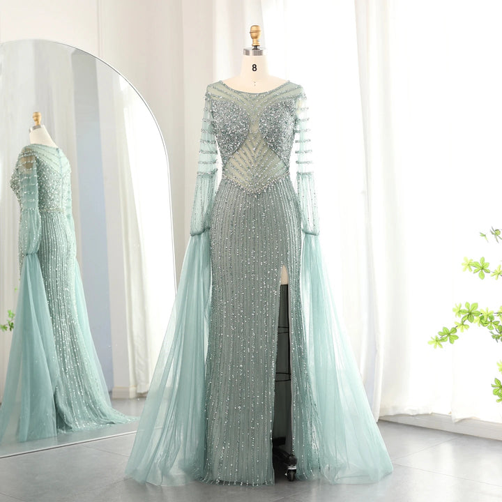 Dreamy Vow Luxury Dubai Mermaid Lilac Evening Dress with Cape Sleeves Slit Elegant Sage Green Women Wedding Party Gowns SS178-DreamyVow