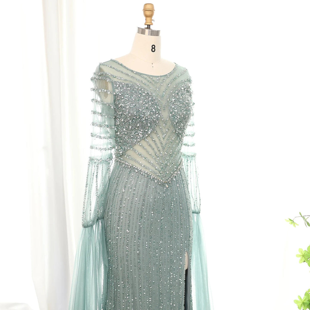 Dreamy Vow Luxury Dubai Mermaid Lilac Evening Dress with Cape Sleeves Slit Elegant Sage Green Women Wedding Party Gowns SS178-DreamyVow