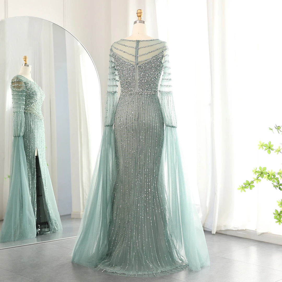 Dreamy Vow Luxury Dubai Mermaid Lilac Evening Dress with Cape Sleeves Slit Elegant Sage Green Women Wedding Party Gowns SS178-DreamyVow