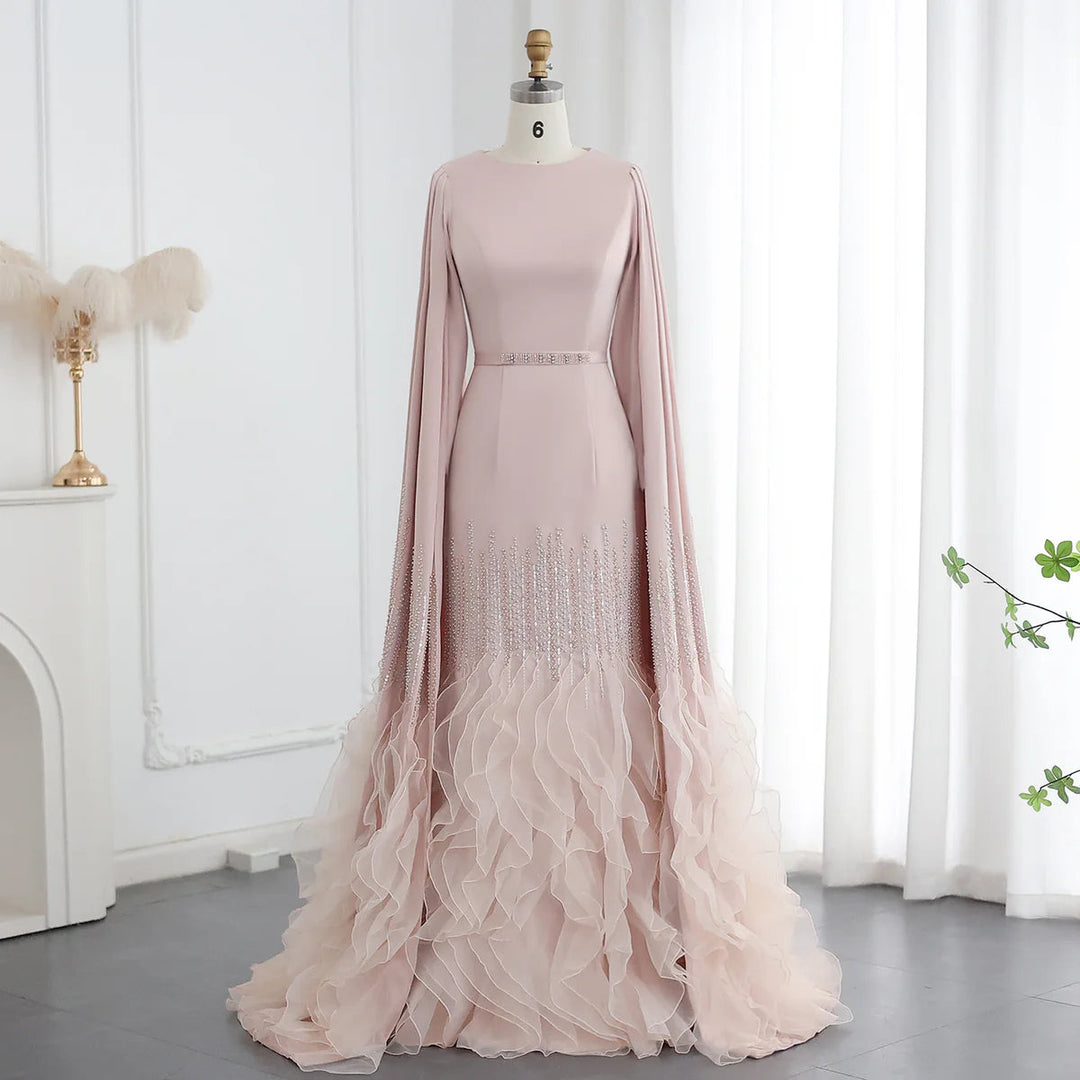 Dreamy Vow Luxury Dubai Mermaid Nude Evening Dresses with Cape Sleeves Tiered Ruffles Arabic Women Wedding Party Gowns SS440-DreamyVow