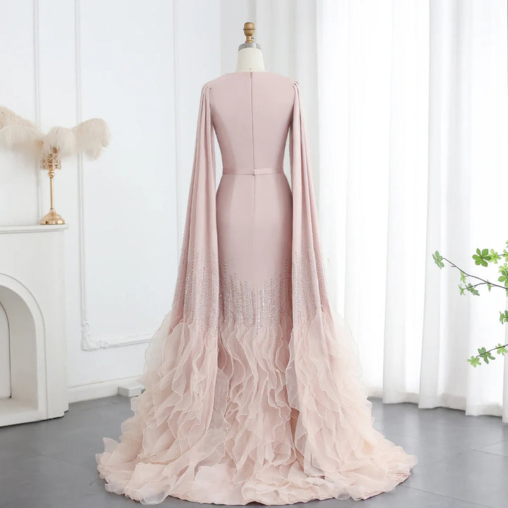 Dreamy Vow Luxury Dubai Mermaid Nude Evening Dresses with Cape Sleeves Tiered Ruffles Arabic Women Wedding Party Gowns SS440-DreamyVow