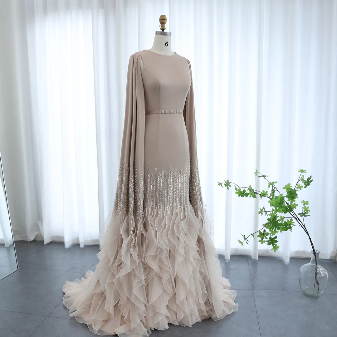 Dreamy Vow Luxury Dubai Mermaid Nude Evening Dresses with Cape Sleeves Tiered Ruffles Arabic Women Wedding Party Gowns SS440-DreamyVow