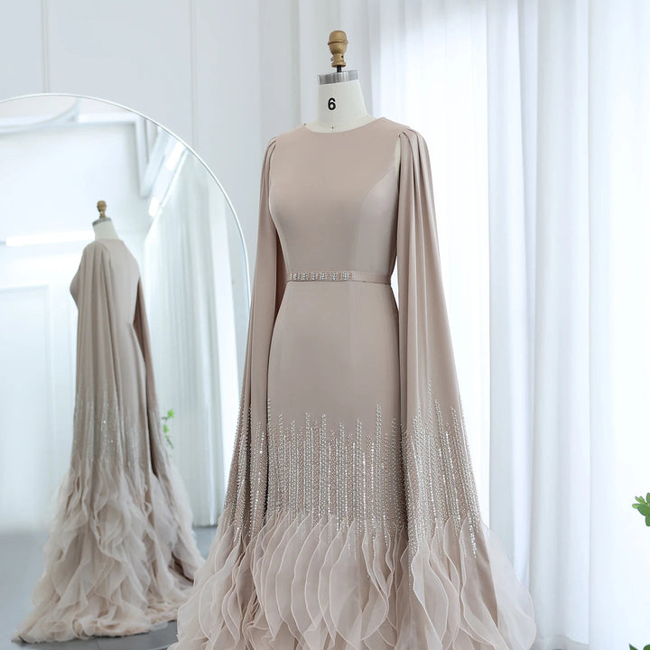 Dreamy Vow Luxury Dubai Mermaid Nude Evening Dresses with Cape Sleeves Tiered Ruffles Arabic Women Wedding Party Gowns SS440-DreamyVow