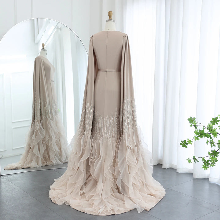 Dreamy Vow Luxury Dubai Mermaid Nude Evening Dresses with Cape Sleeves Tiered Ruffles Arabic Women Wedding Party Gowns SS440-DreamyVow