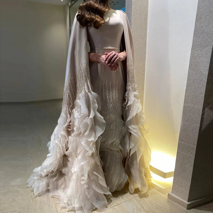 Dreamy Vow Luxury Dubai Mermaid Nude Evening Dresses with Cape Sleeves Tiered Ruffles Arabic Women Wedding Party Gowns SS440-DreamyVow