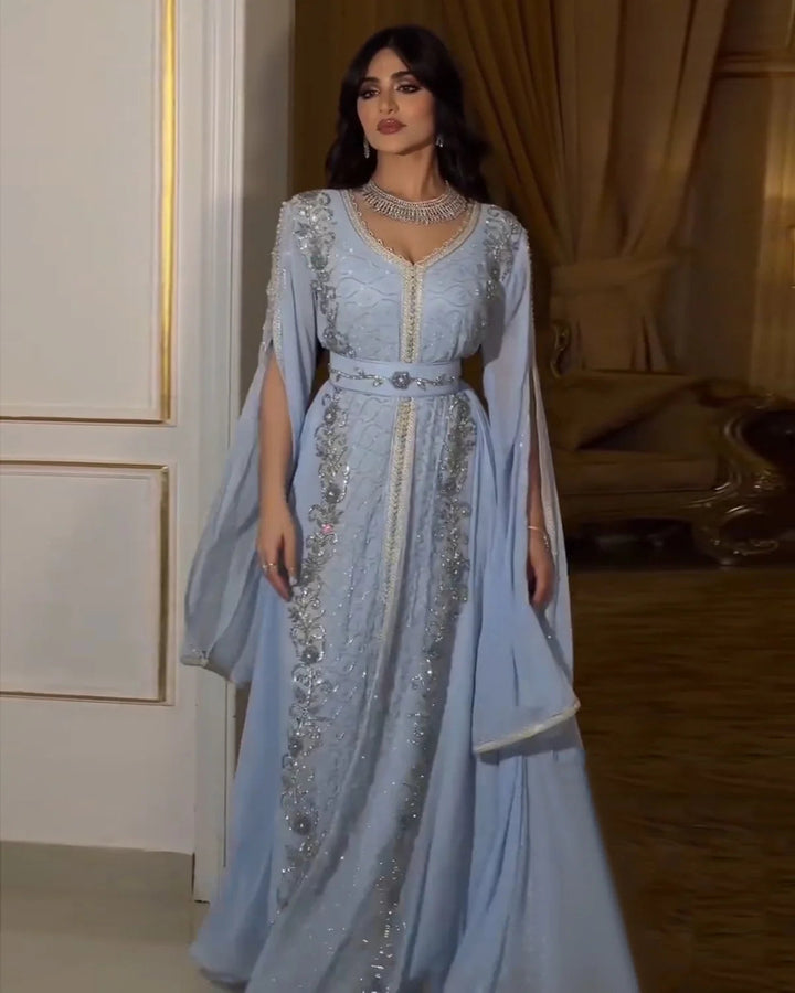 Dreamy Vow Luxury Dubai Moroccan Kaftan Blue Evening Dresses for Women Wedding Party Elegant Long Sleeve Muslim Arabic Formal Dress SS404-DreamyVow