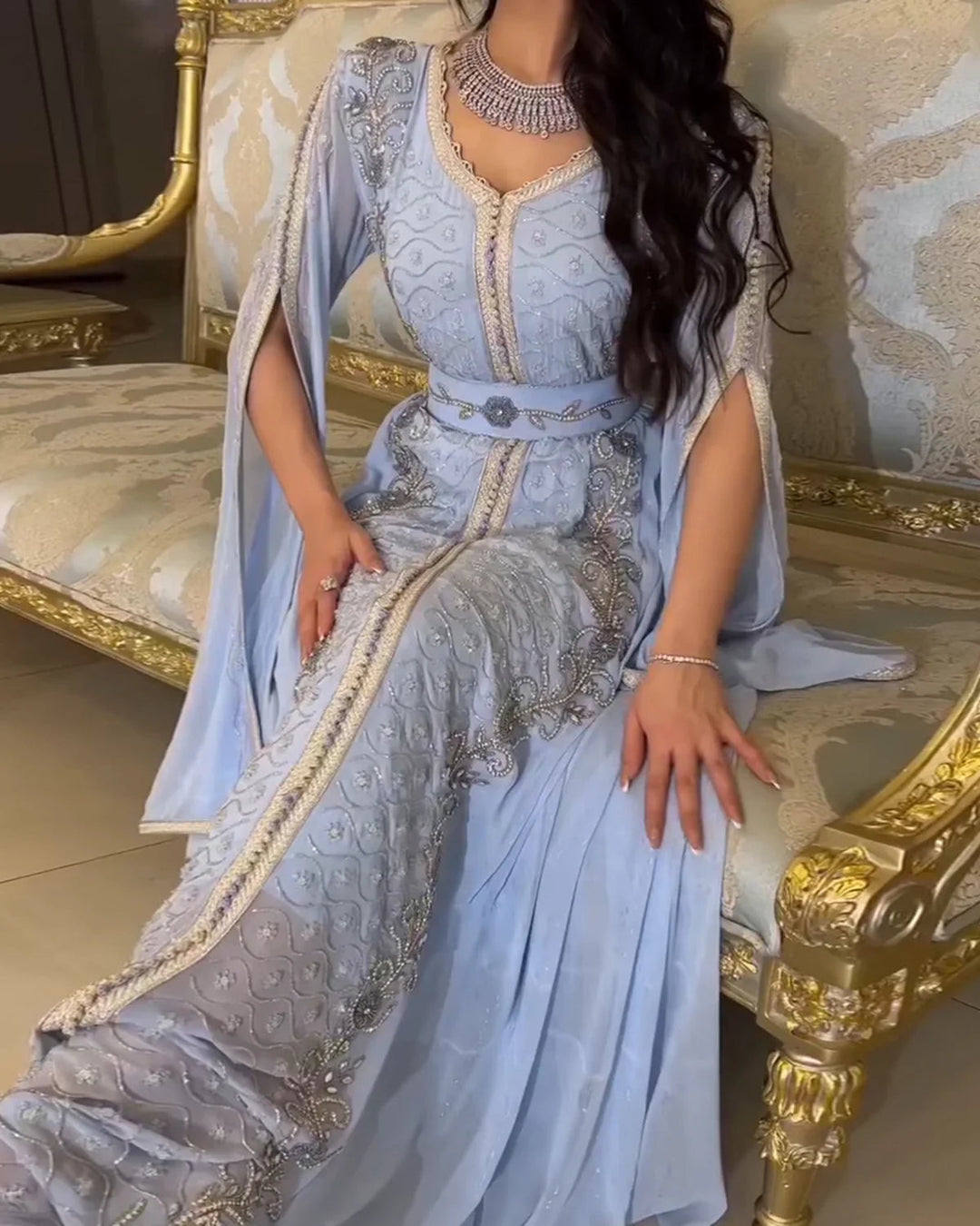 Dreamy Vow Luxury Dubai Moroccan Kaftan Blue Evening Dresses for Women Wedding Party Elegant Long Sleeve Muslim Arabic Formal Dress SS404-DreamyVow