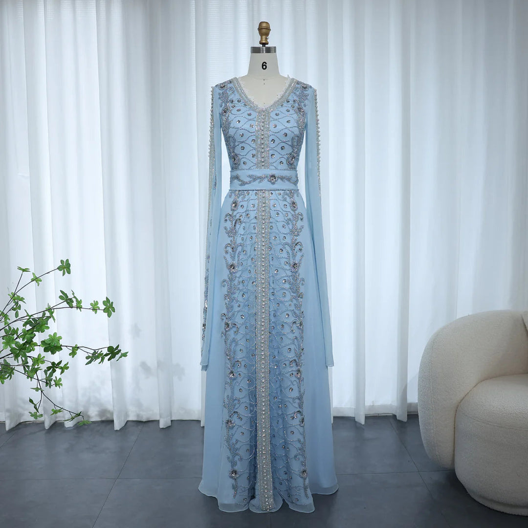 Dreamy Vow Luxury Dubai Moroccan Kaftan Blue Evening Dresses for Women Wedding Party Elegant Long Sleeve Muslim Arabic Formal Dress SS404-DreamyVow