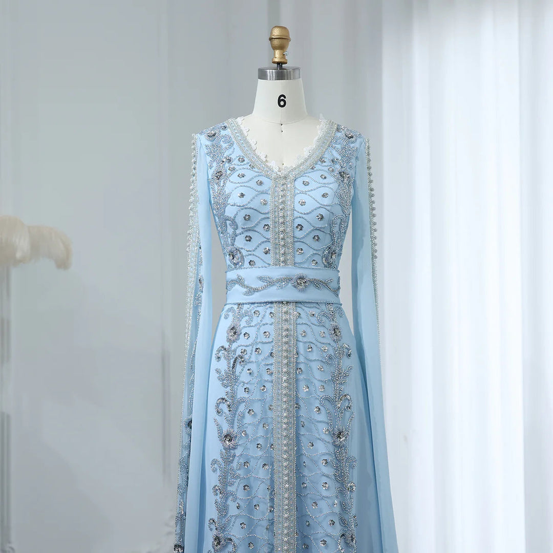 Dreamy Vow Luxury Dubai Moroccan Kaftan Blue Evening Dresses for Women Wedding Party Elegant Long Sleeve Muslim Arabic Formal Dress SS404-DreamyVow