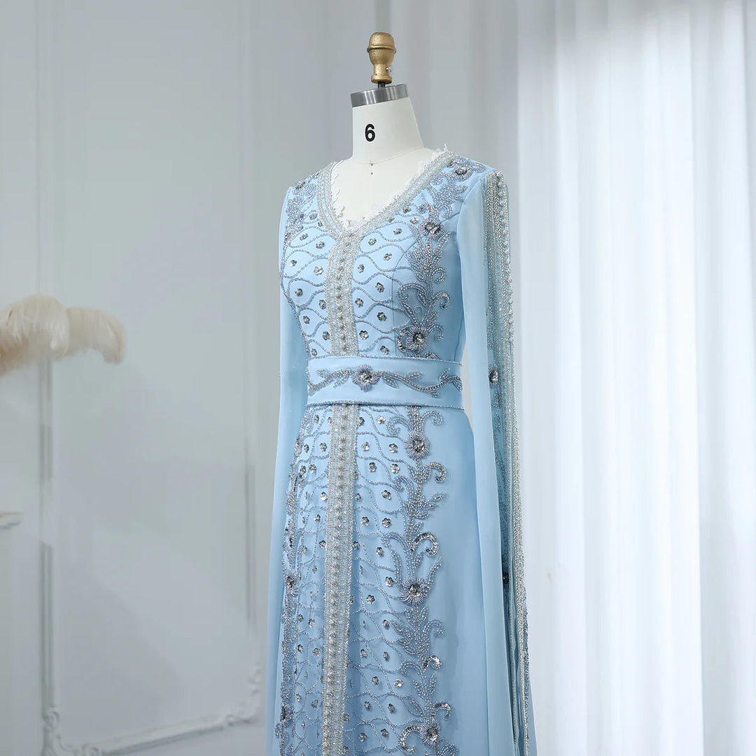 Dreamy Vow Luxury Dubai Moroccan Kaftan Blue Evening Dresses for Women Wedding Party Elegant Long Sleeve Muslim Arabic Formal Dress SS404-DreamyVow