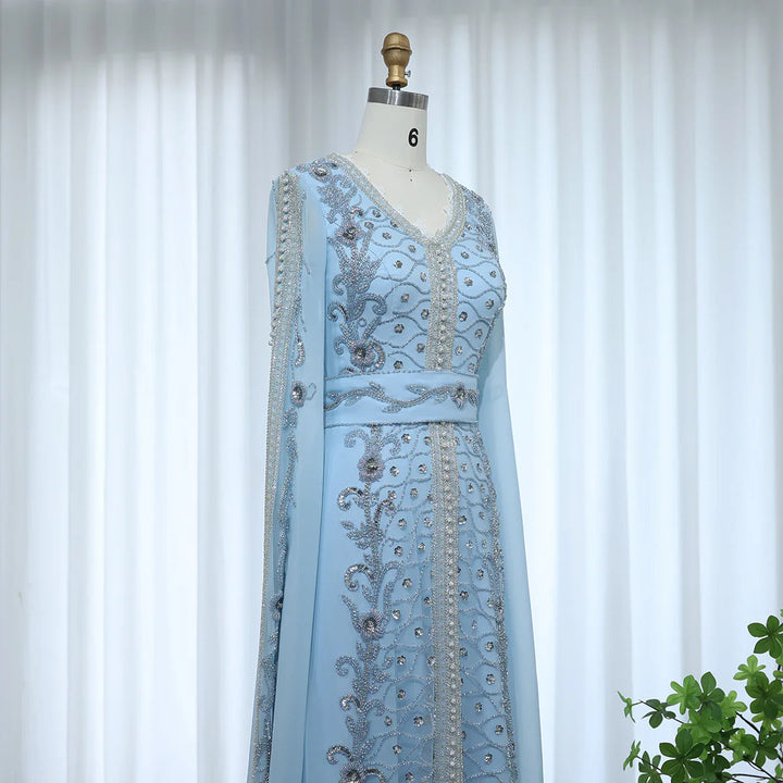 Dreamy Vow Luxury Dubai Moroccan Kaftan Blue Evening Dresses for Women Wedding Party Elegant Long Sleeve Muslim Arabic Formal Dress SS404-DreamyVow