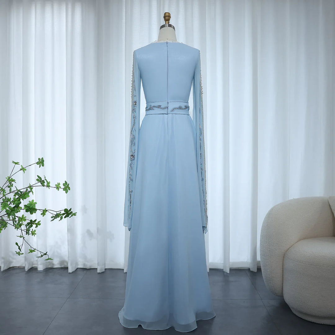 Dreamy Vow Luxury Dubai Moroccan Kaftan Blue Evening Dresses for Women Wedding Party Elegant Long Sleeve Muslim Arabic Formal Dress SS404