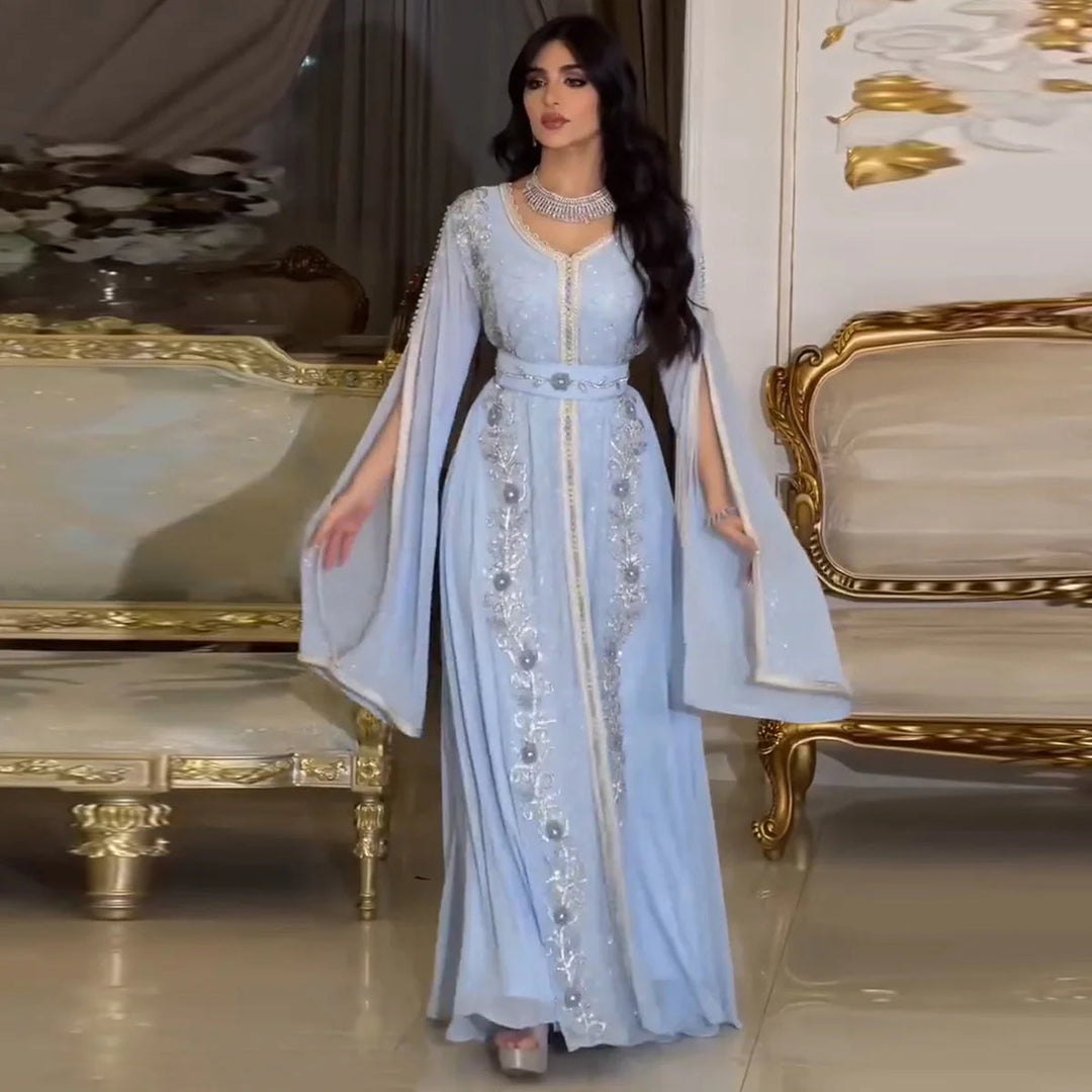 Dreamy Vow Luxury Dubai Moroccan Kaftan Blue Evening Dresses for Women Wedding Party Elegant Long Sleeve Muslim Arabic Formal Dress SS404