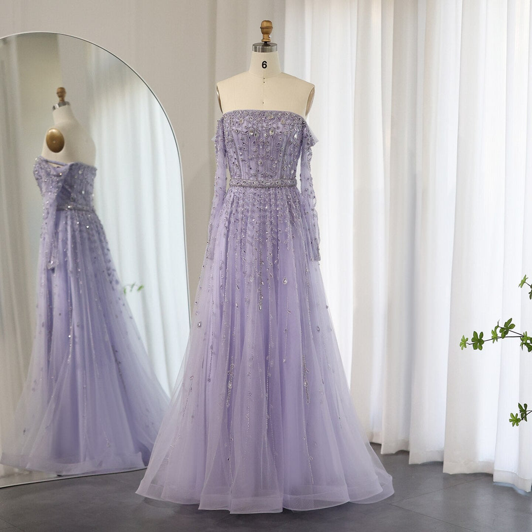 Dreamy Vow Luxury Dubai Nude Evening Dress 2023 Elegant Off Shoulder Long Sleeves Arabic Lilac Women Wedding Pary Gowns SS489-DreamyVow