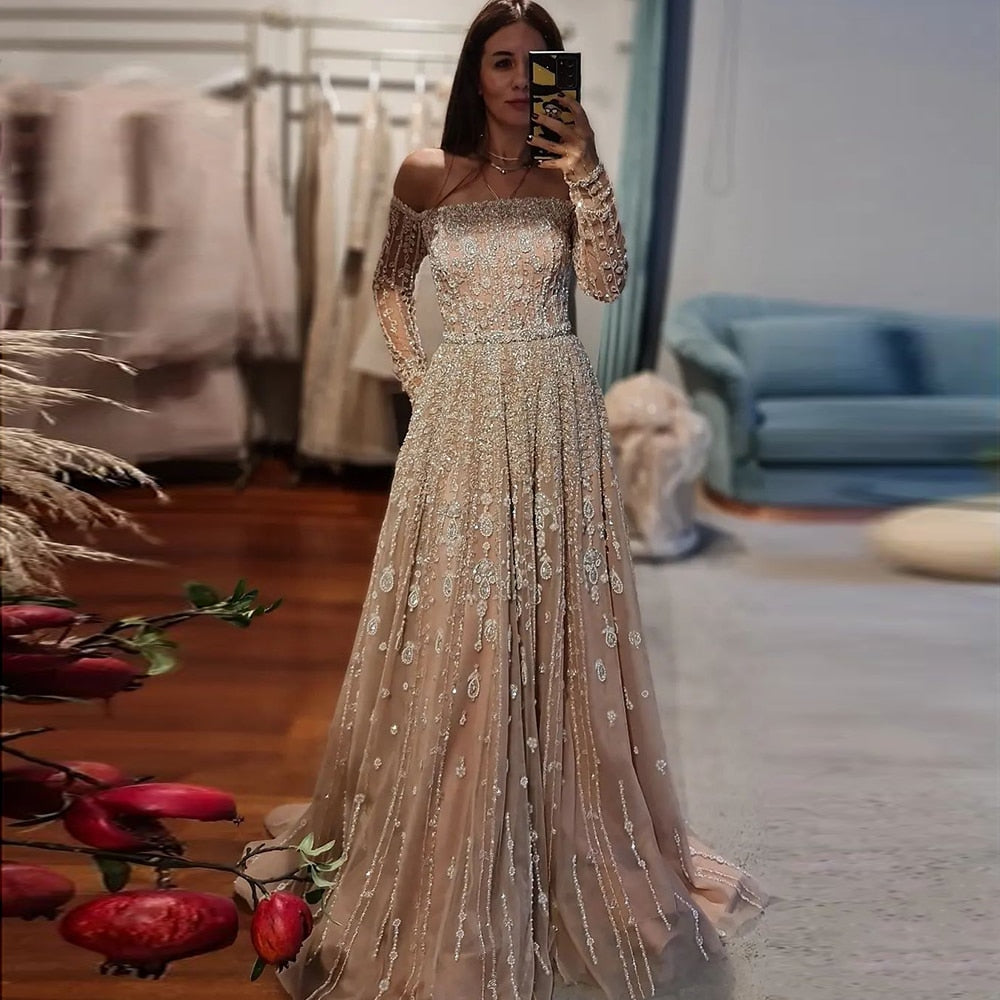 Dreamy Vow Luxury Dubai Nude Evening Dress 2023 Elegant Off Shoulder Long Sleeves Arabic Lilac Women Wedding Pary Gowns SS489-DreamyVow