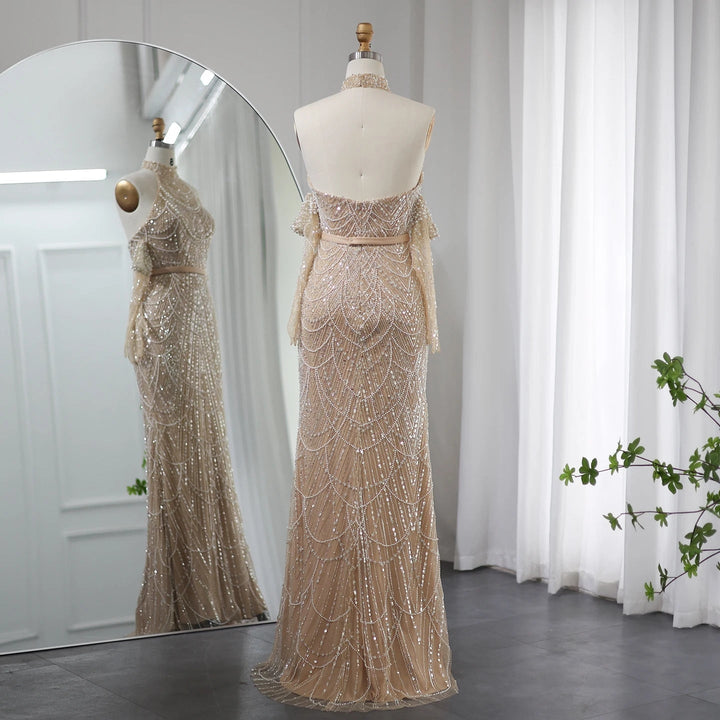 Dreamy Vow Luxury Dubai Nude Mermaid Evening Dresses with Gloves 2024 Sexy Halter Arabic Women Wedding Formal Party Gowns SS289-DreamyVow