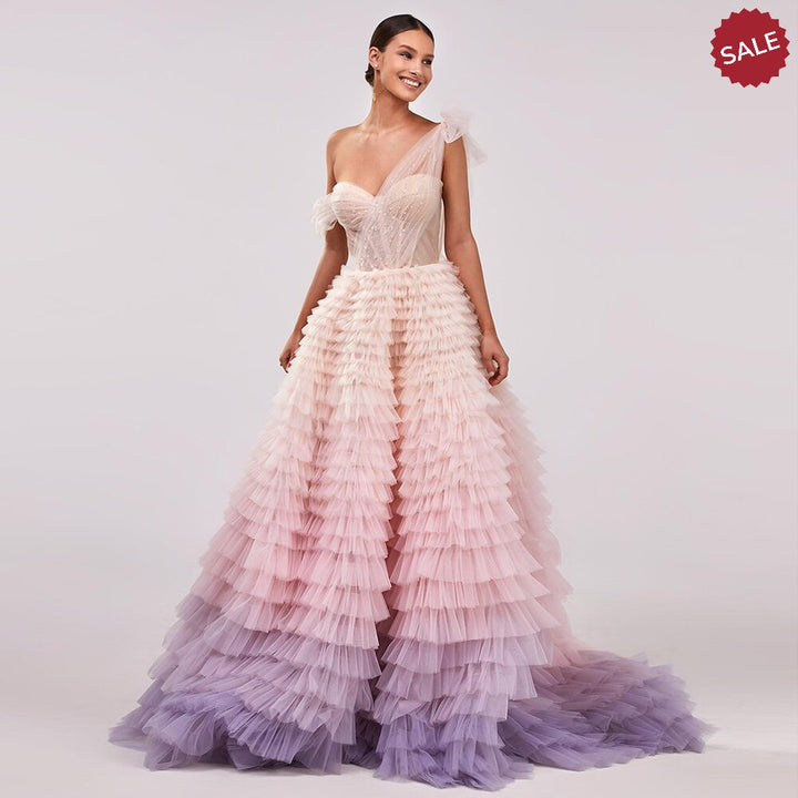 Dreamy Vow Luxury Dubai Ombre Pink Lilac Evening Dress for Women Wedding Elegant One Shoulder Long Ball Gown Prom Dresses SS085-DreamyVow