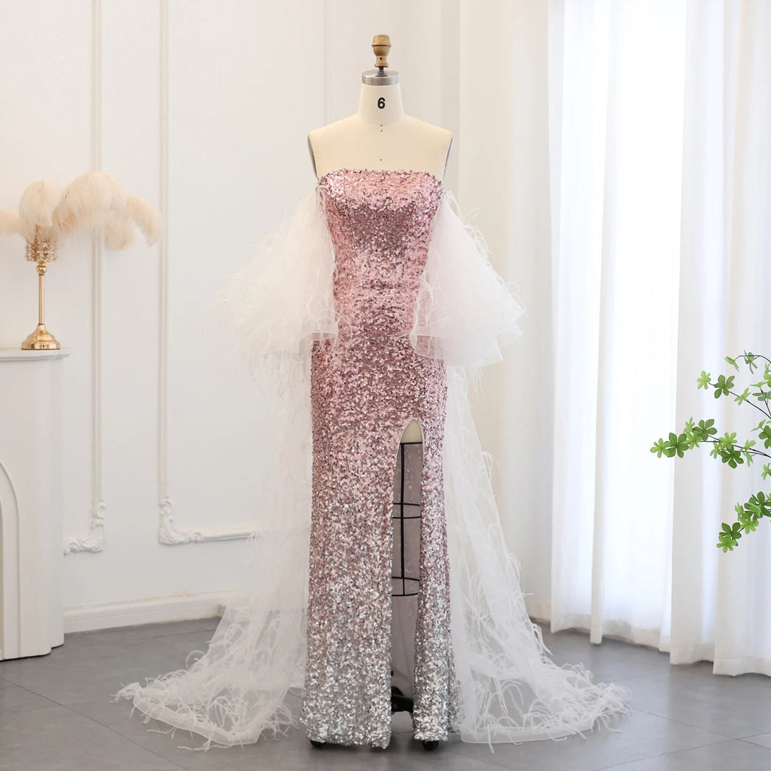 Dreamy Vow Luxury Dubai Ombre Pink Sequin Mermaid Evening Dresses with Feathers Cape Arabic Women Wedding Party Gowns SS514-DreamyVow