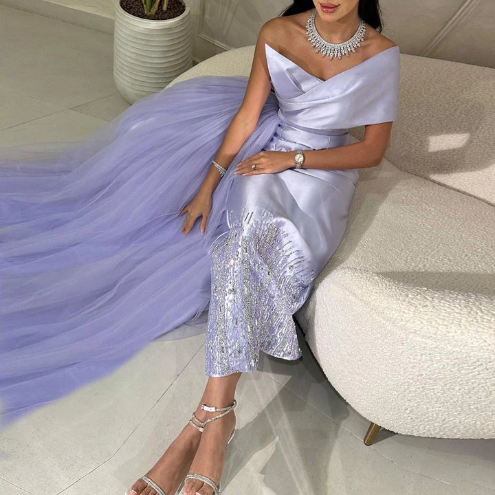 Dreamy Vow Luxury Dubai One Lilac Shoulder Evening Dress with Overskirt 2024 Arabic Women Sage Green Wedding Party Gowns SS405-DreamyVow