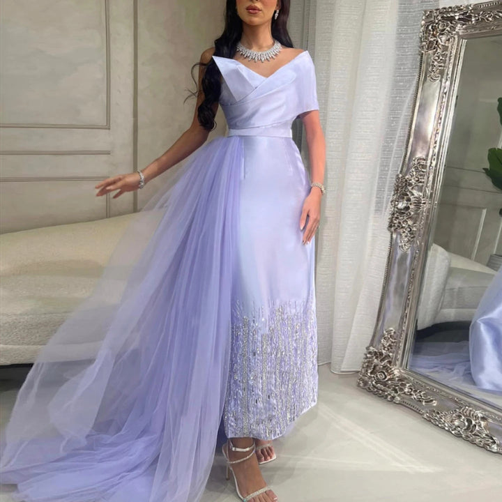 Dreamy Vow Luxury Dubai One Lilac Shoulder Evening Dress with Overskirt 2024 Arabic Women Sage Green Wedding Party Gowns SS405-DreamyVow