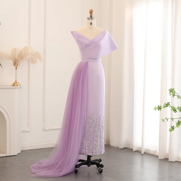 Dreamy Vow Luxury Dubai One Lilac Shoulder Evening Dress with Overskirt 2024 Arabic Women Sage Green Wedding Party Gowns SS405-DreamyVow