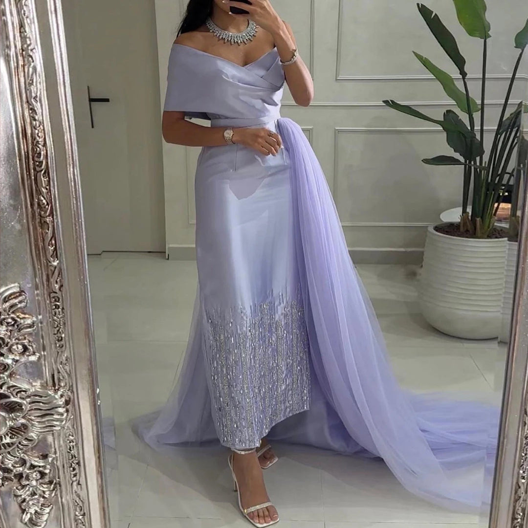 Dreamy Vow Luxury Dubai One Lilac Shoulder Evening Dress with Overskirt 2024 Arabic Women Sage Green Wedding Party Gowns SS405-DreamyVow