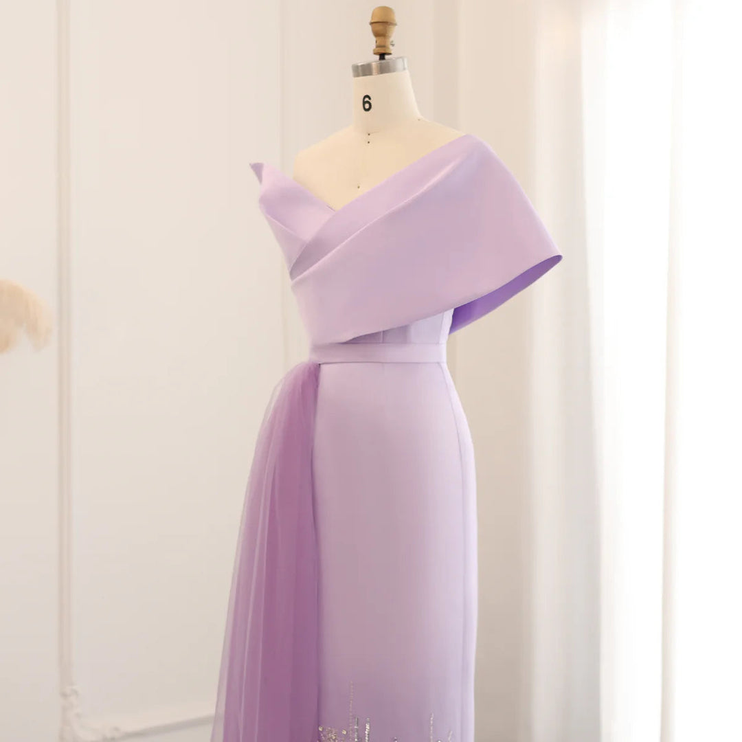 Dreamy Vow Luxury Dubai One Lilac Shoulder Evening Dress with Overskirt 2024 Arabic Women Sage Green Wedding Party Gowns SS405-DreamyVow