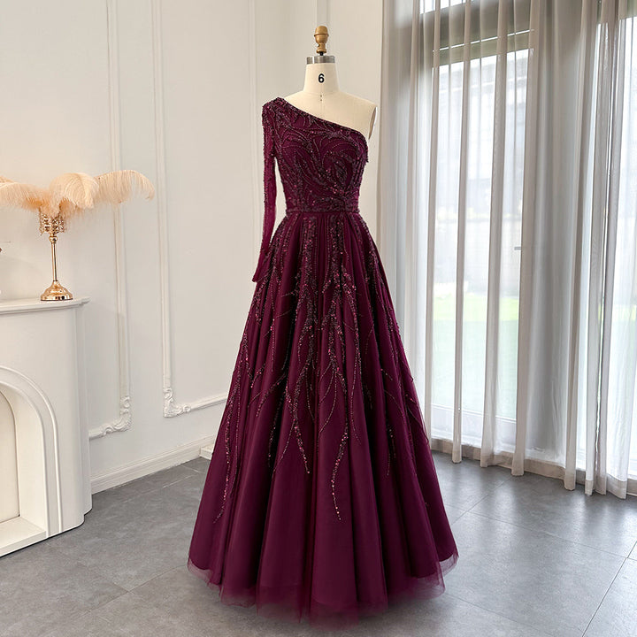 Dreamy Vow Luxury Dubai One Shoulder Fuchsia Evening Dresses for Women Wedding Elegant Arabic Long Sleeve Formal Gowns SS409-DreamyVow