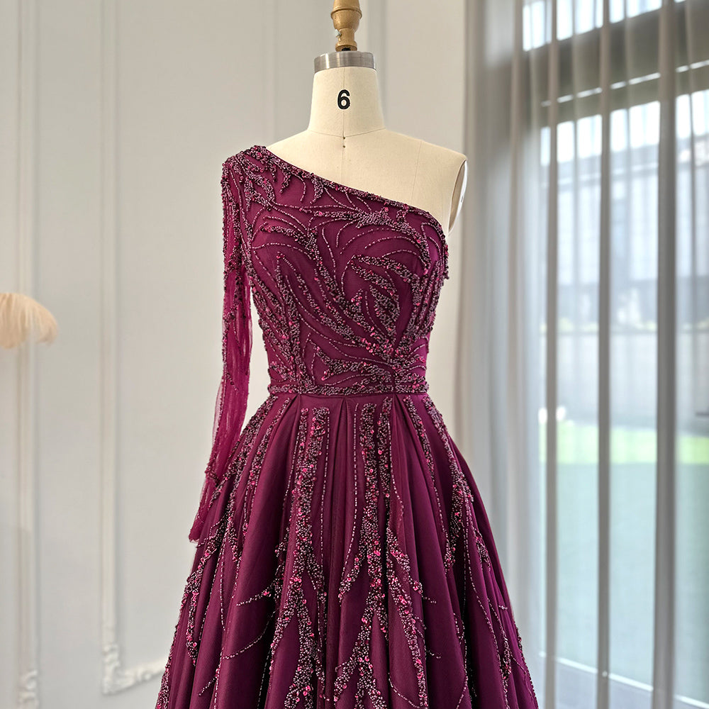 Dreamy Vow Luxury Dubai One Shoulder Fuchsia Evening Dresses for Women Wedding Elegant Arabic Long Sleeve Formal Gowns SS409-DreamyVow